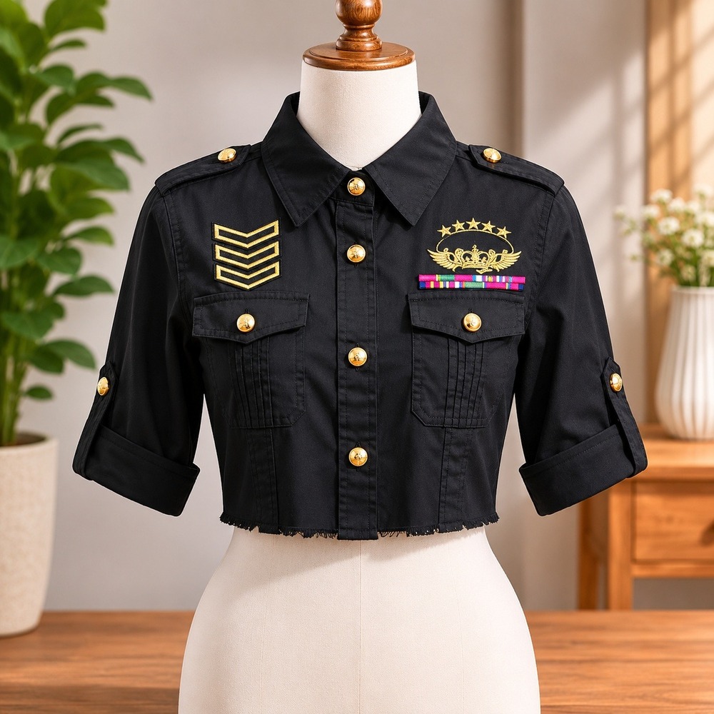 Coogi Couture Military Cropped Shirt XL Black Gold Patch Raw Hem Button Up